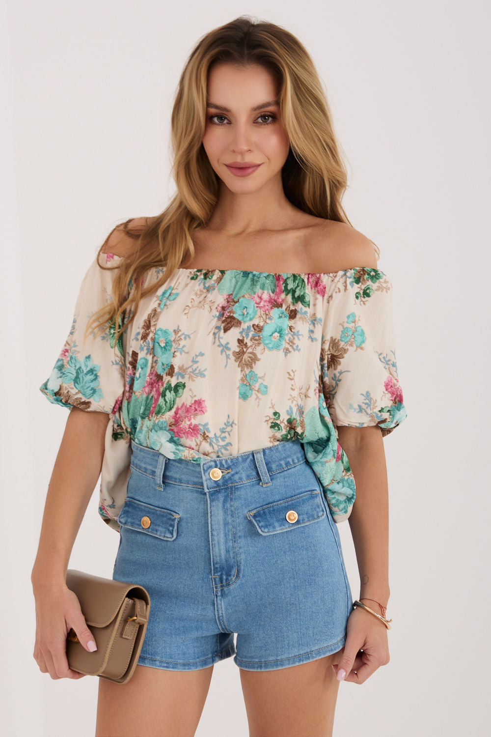Italy Moda Mint Floral Puff Sleeve Blouse - view 2