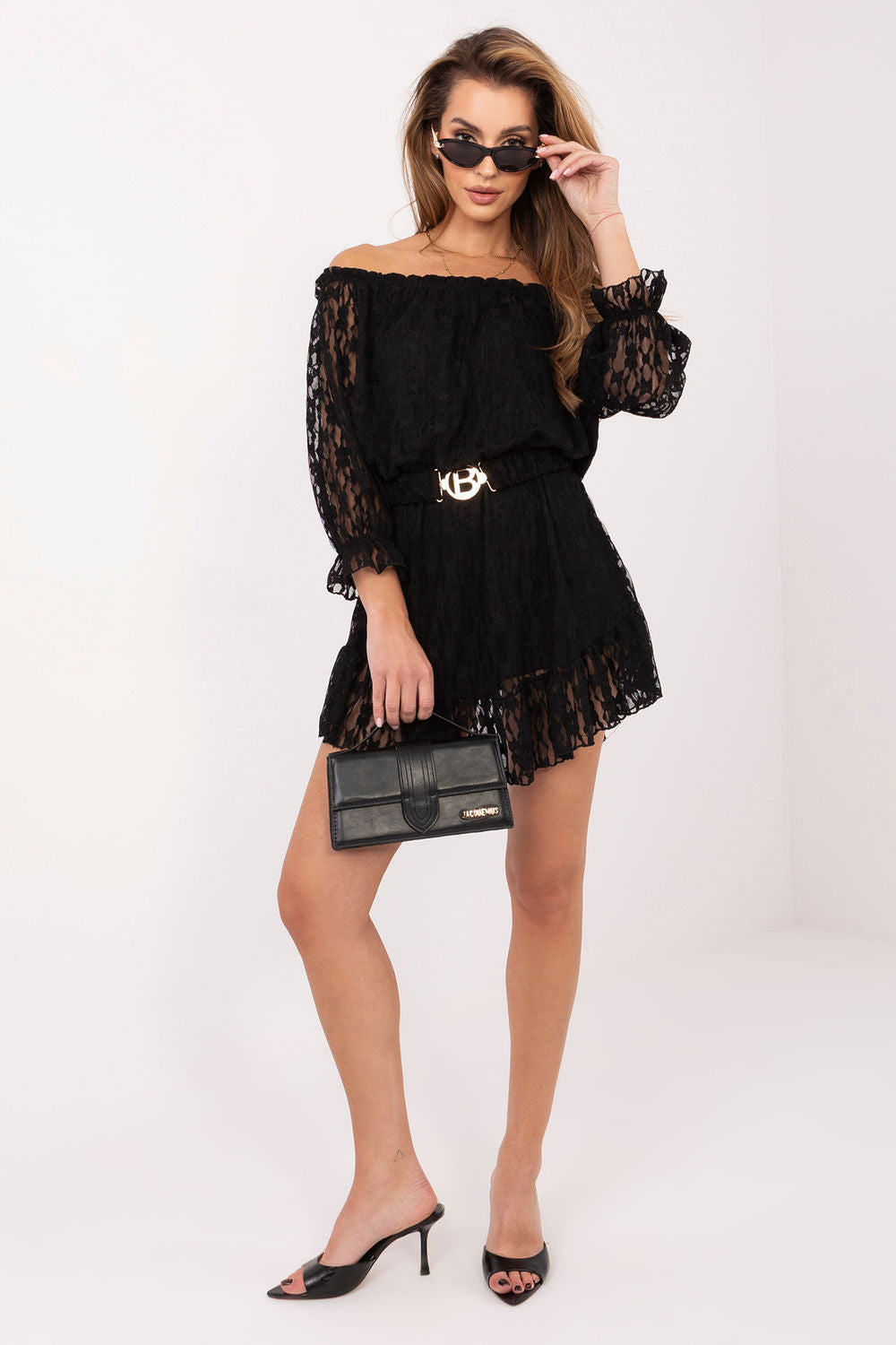 Italy Moda Black Lace Off Shoulder Jumpsuit - view 2