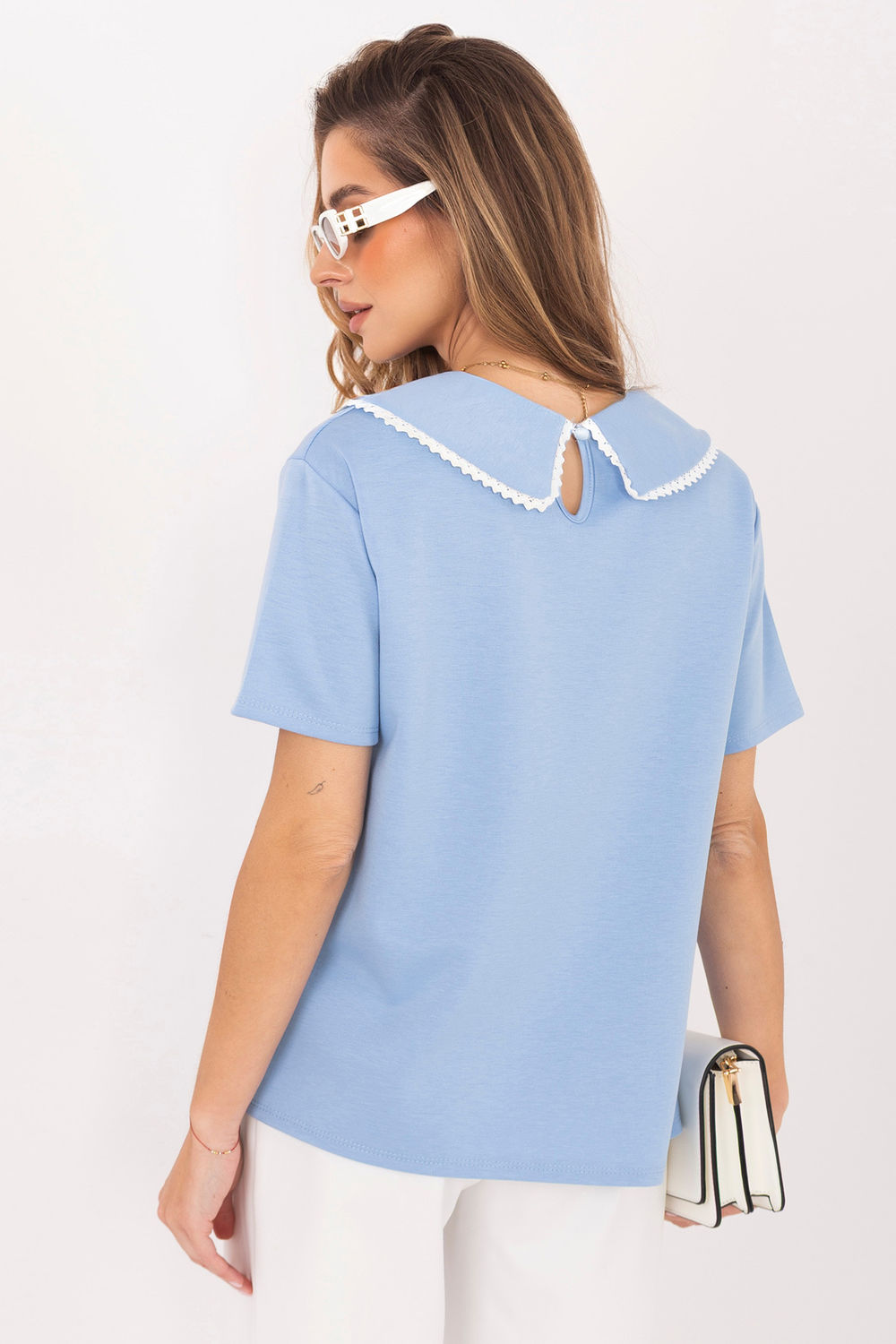 Italy Moda Light Blue Lace Short Sleeve Blouse - view 3