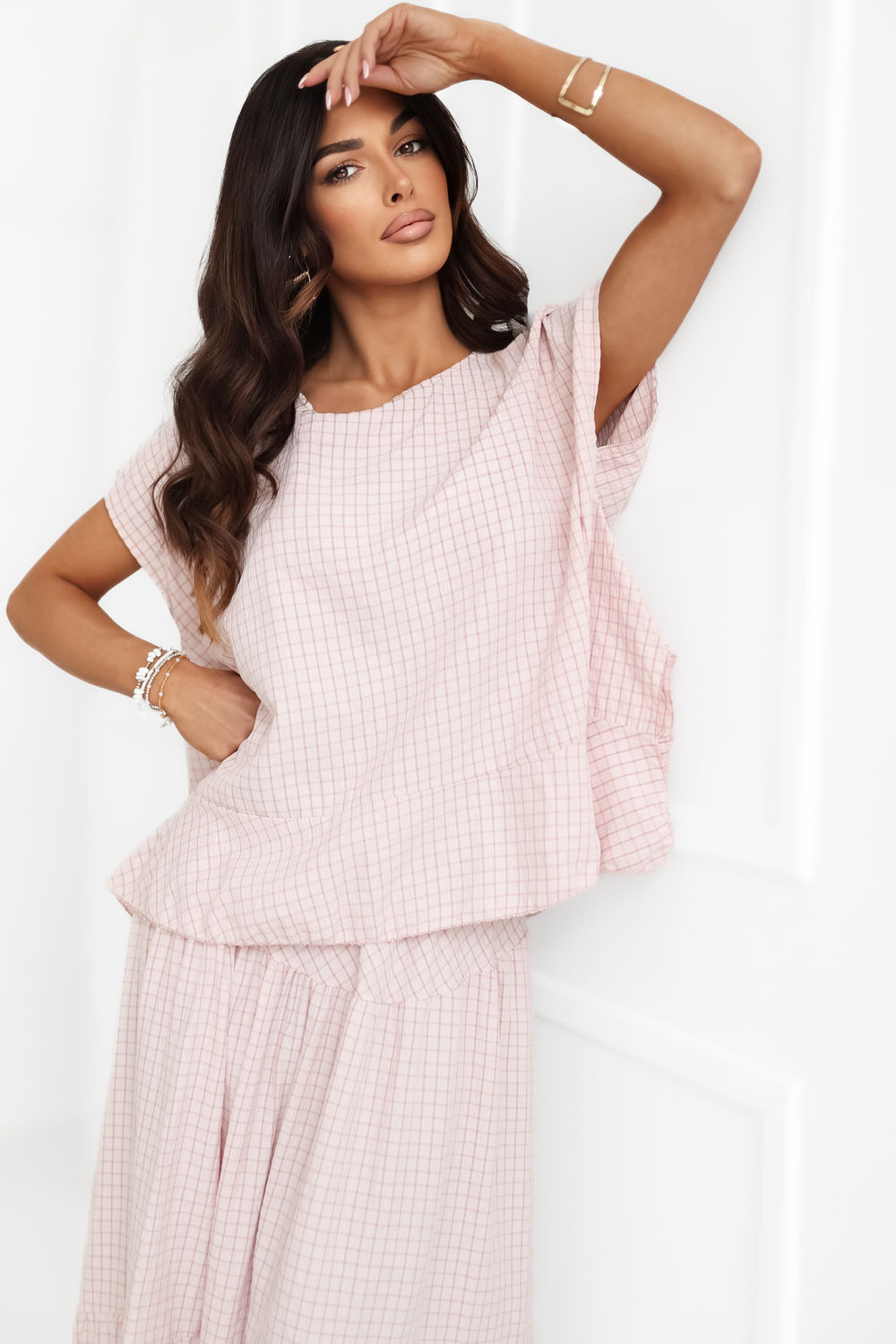 Italy Moda Light Pink Round Neck Short Sleeve Blouse