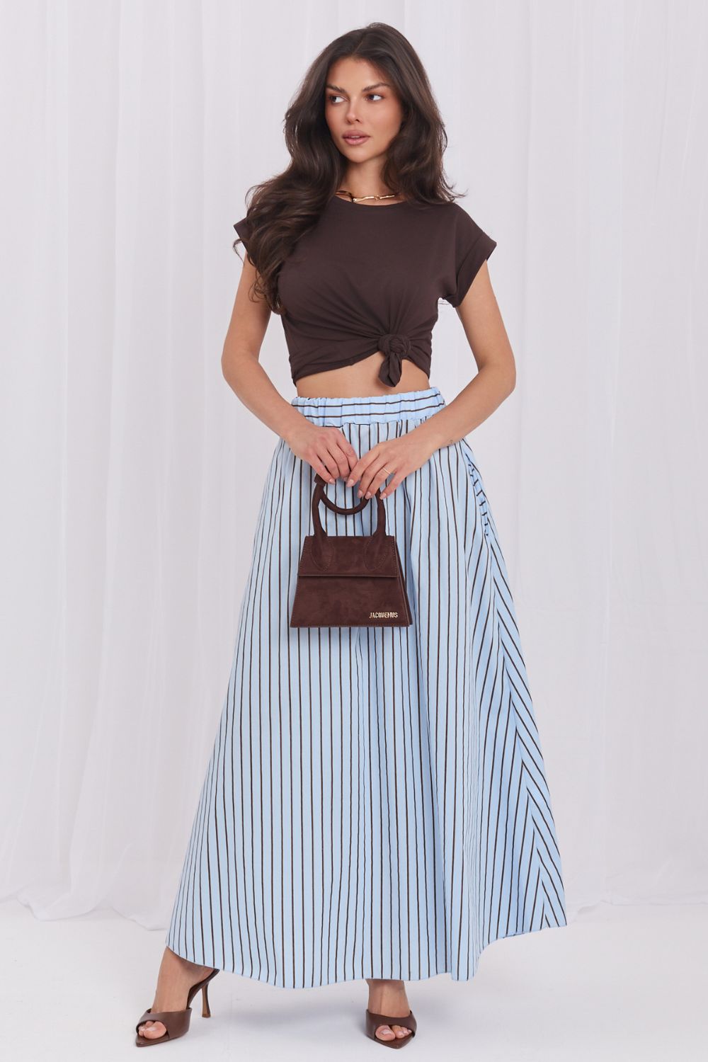 Italy Moda Light Blue Striped High Waisted Skirt - view 4