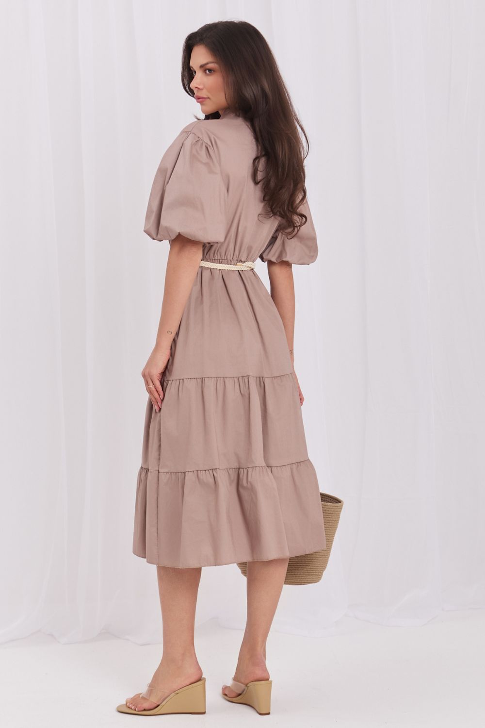 Italy Moda Brown Midi Flared Puff Sleeve Dress - view 3
