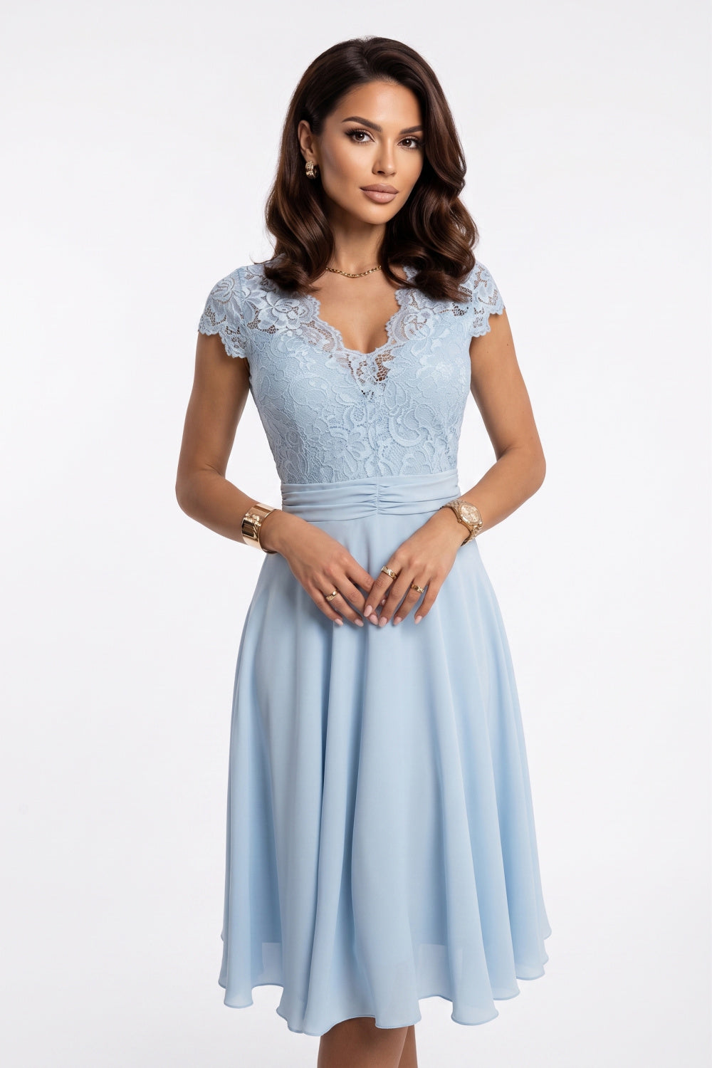 Numoco Linda Sky Blue Lace Flared Evening Dress - view 2
