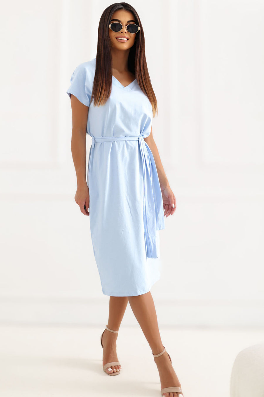 Rue Paris Light Blue Midi Short Sleeve Dress