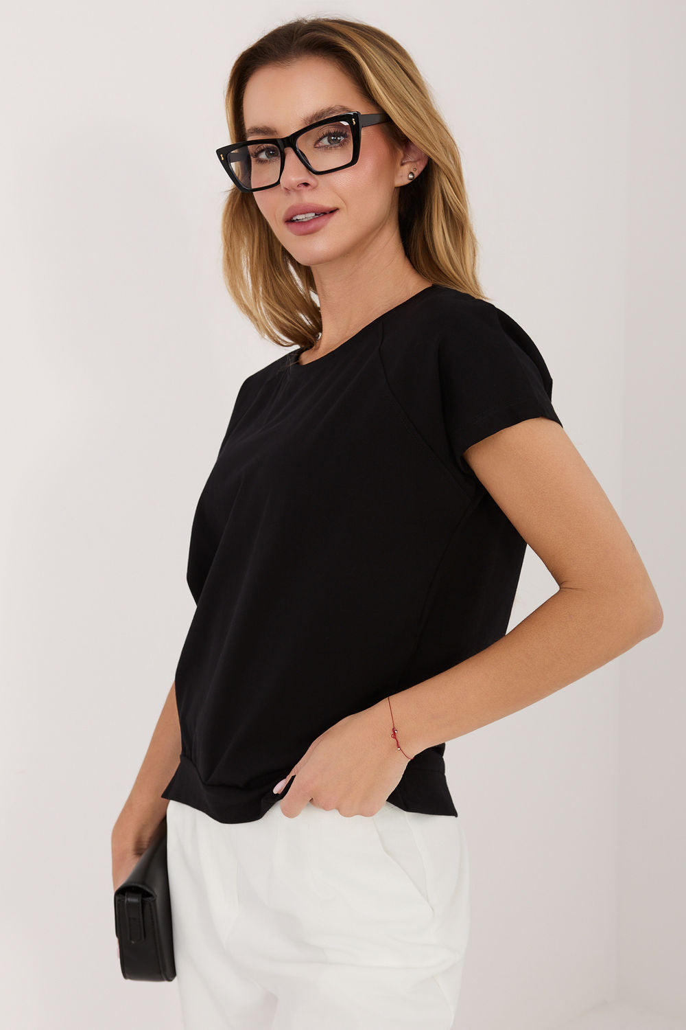 Rue Paris Black Short Sleeve Cotton Blouse - view 2