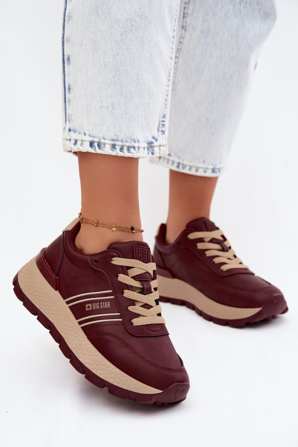 Step In Style Burgundy Faux Leather Platform Trainers