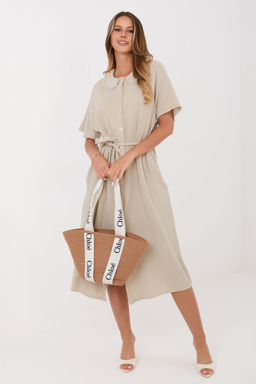 Italy Moda Beige Midi Flared Short Sleeve Dress