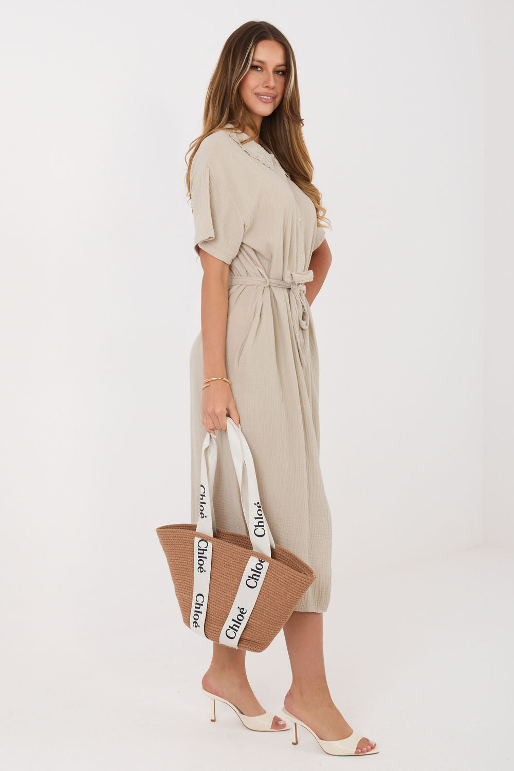 Italy Moda Beige Midi Flared Short Sleeve Dress - view 2