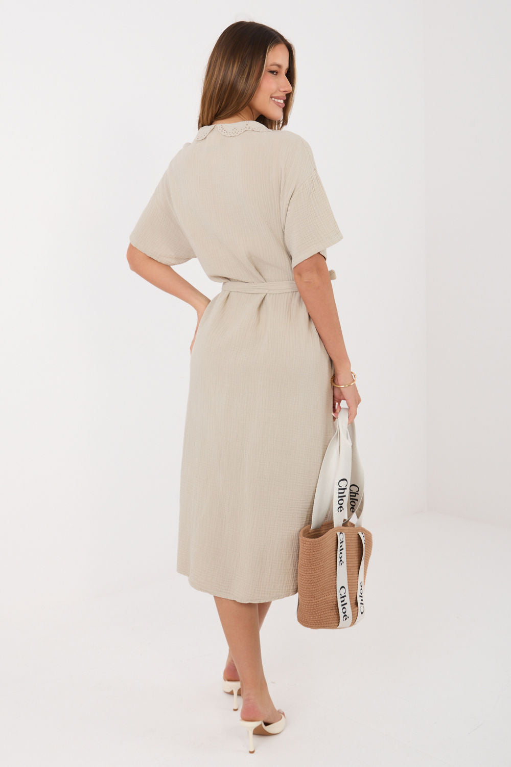 Italy Moda Beige Midi Flared Short Sleeve Dress - view 3