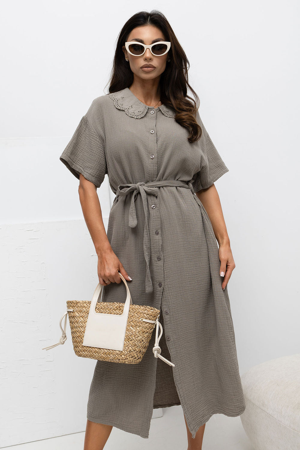 Italy Moda Dark Beige Midi Lace Dress