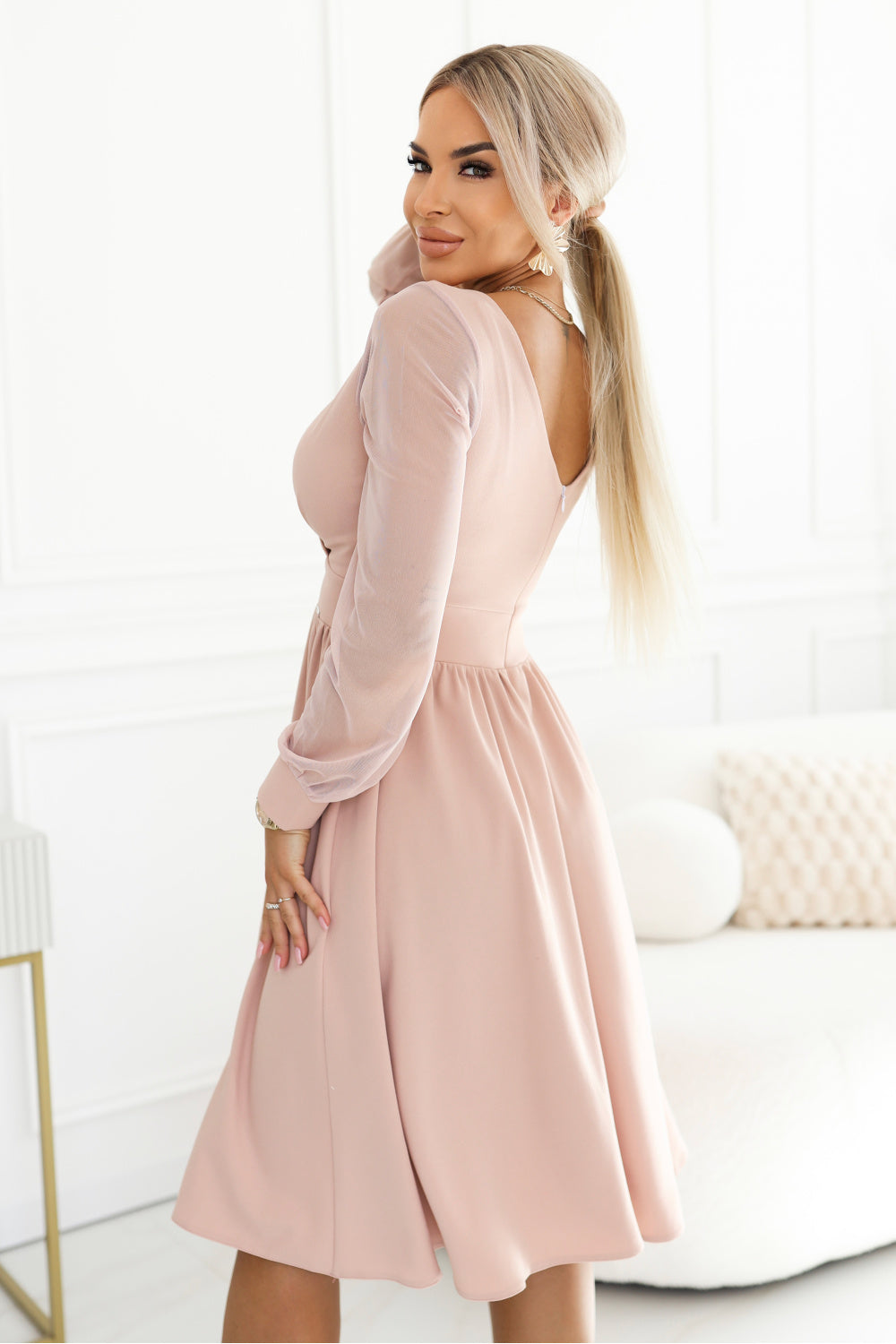 Numoco Beige Mesh Flared Evening Dress - view 3