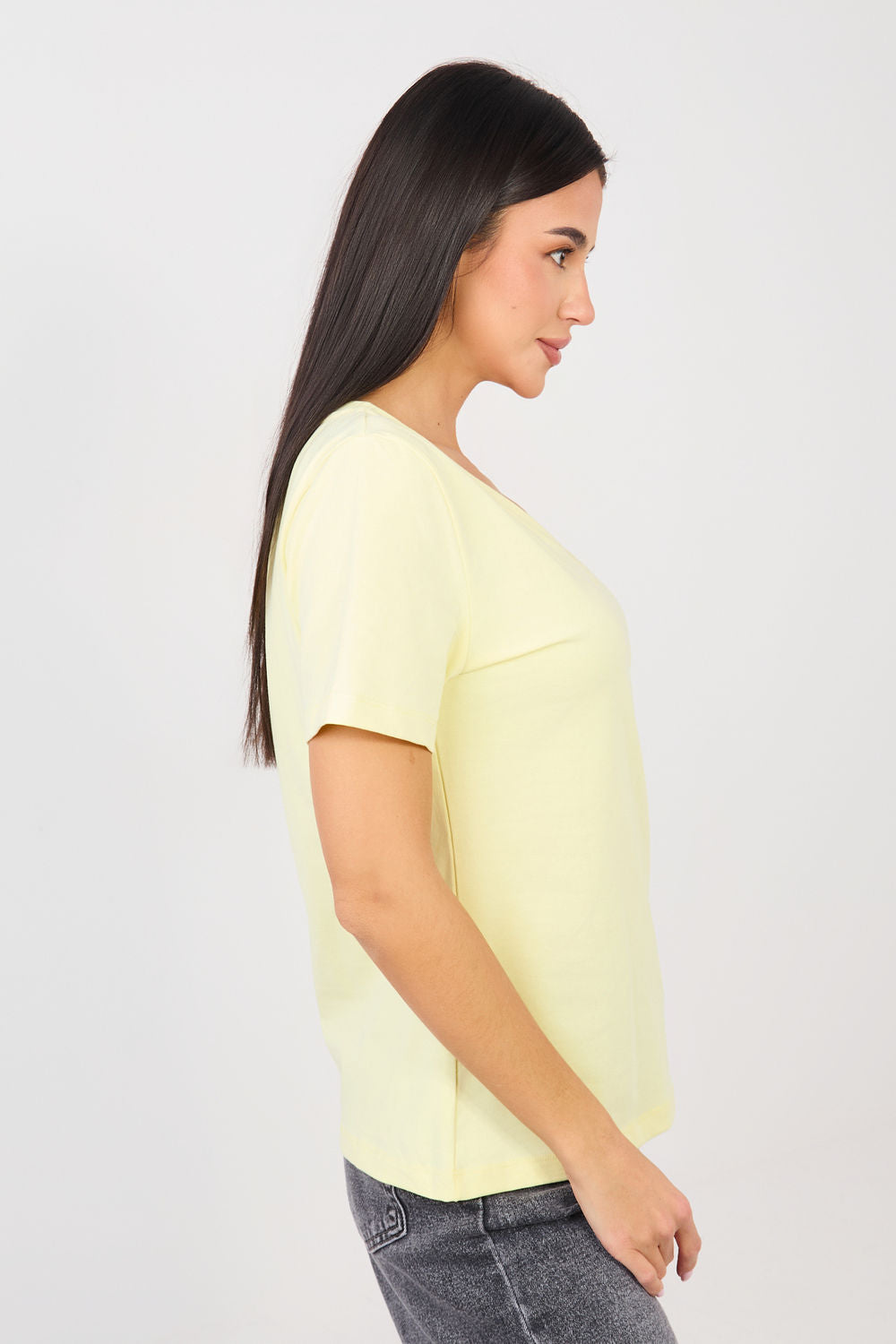 Rue Paris Light Yellow V-Neck Short Sleeve T-Shirt - view 3