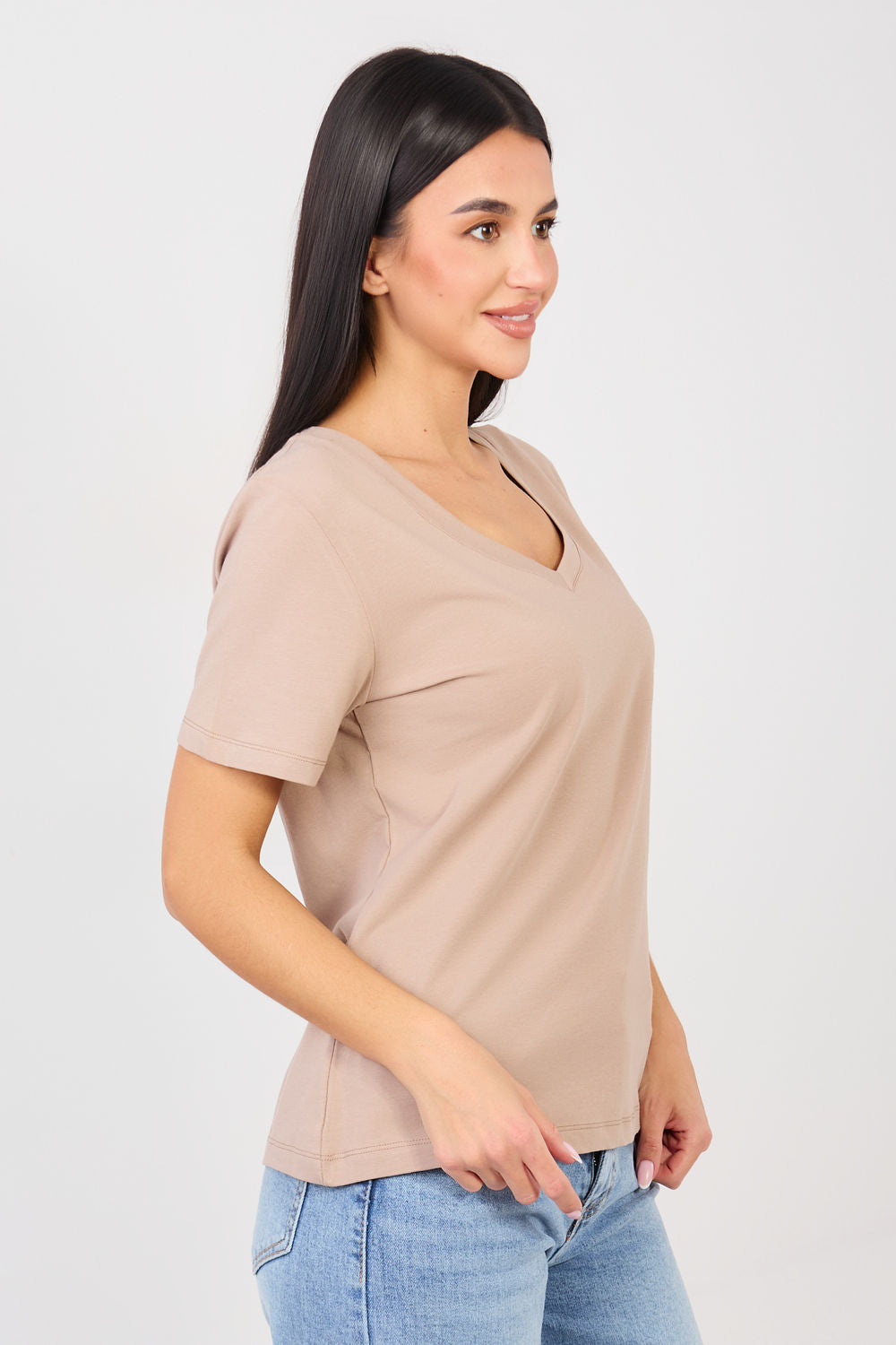 Rue Paris Dark Beige V-Neck Short Sleeve T-Shirt - view 2