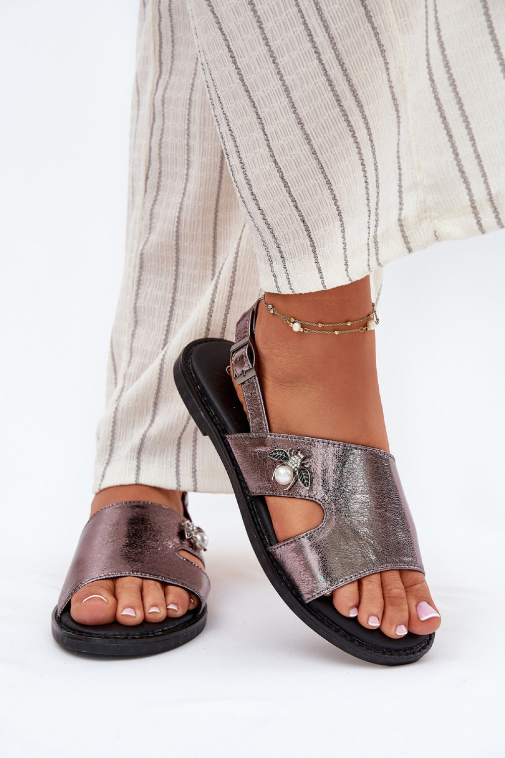 Step In Style Vinceza Silver Faux Leather Flat Sandals