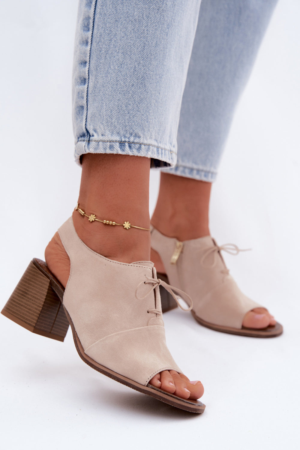 Step In Style Zazoo Light Beige Suede Block Heel Heeled Sandals