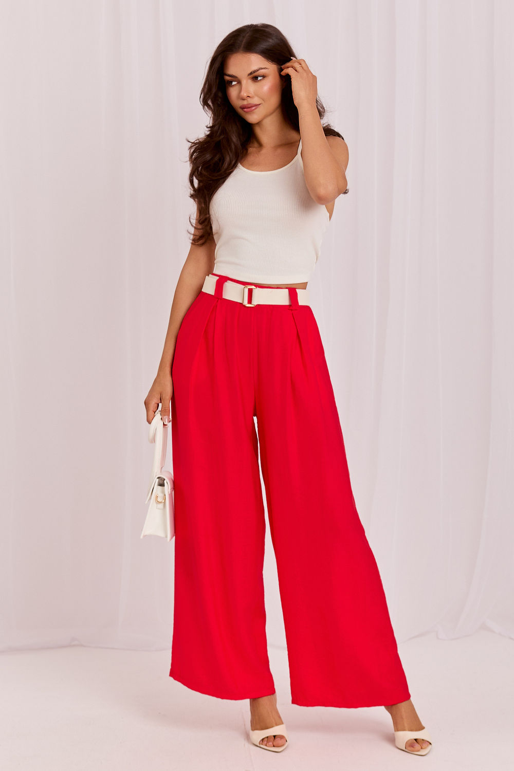 Rue Paris Red Wide Leg High Waisted Trousers