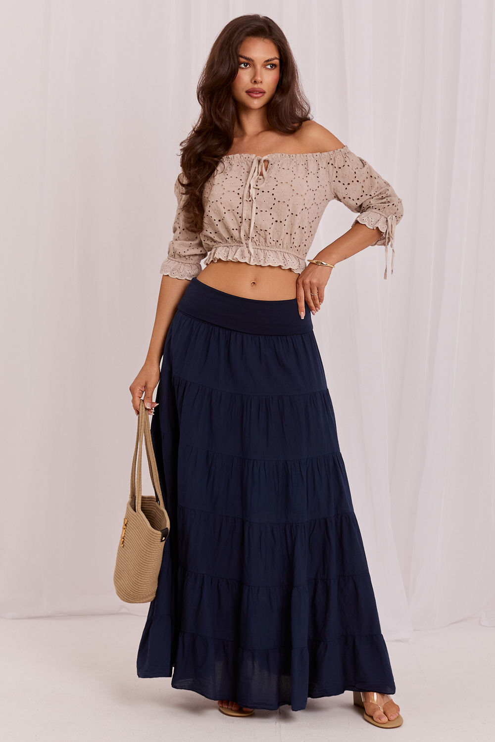 Italy Moda Navy Cotton Maxi Skirt