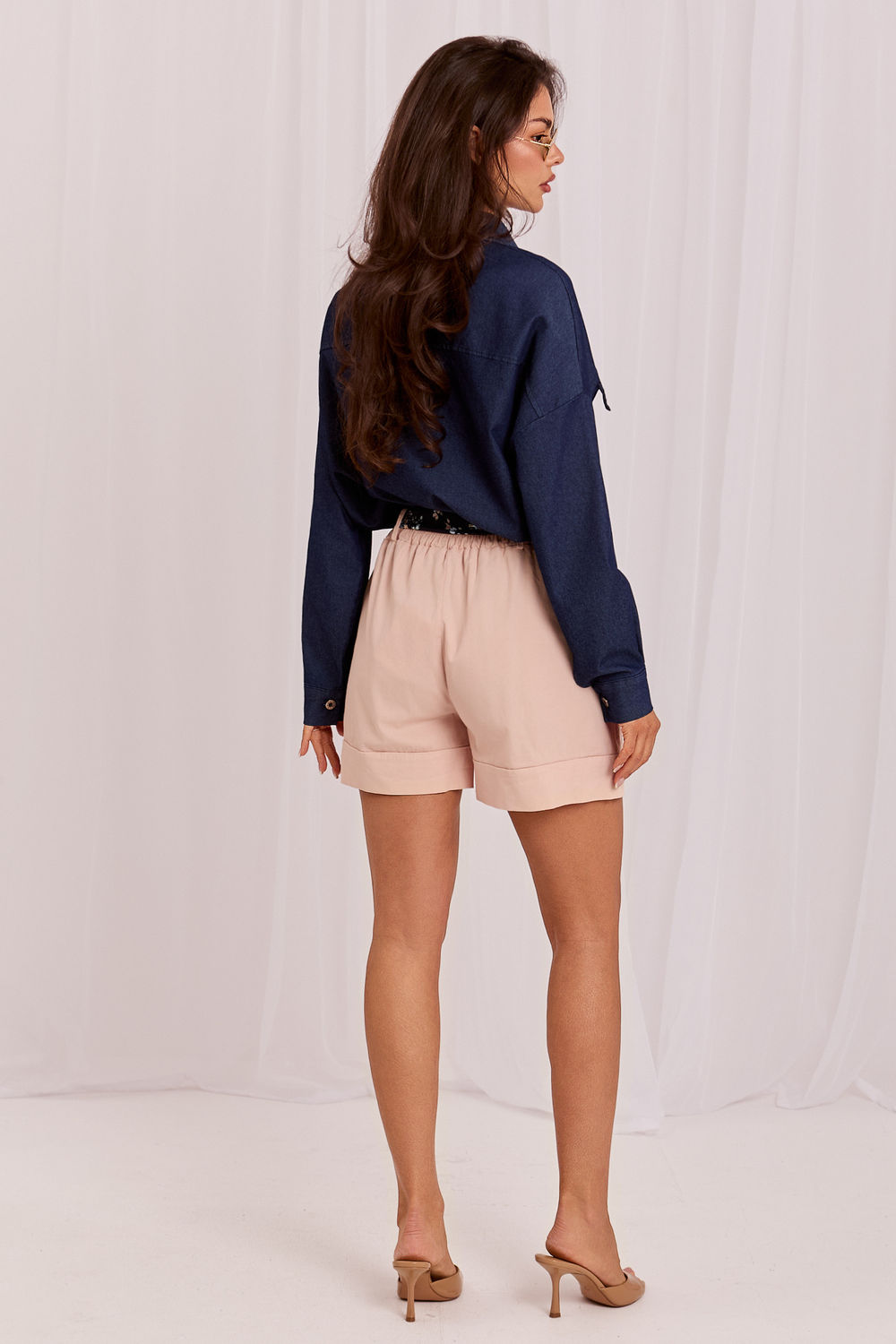 Italy Moda Light Pink Loose Fit Pleated Cotton Shorts - view 3