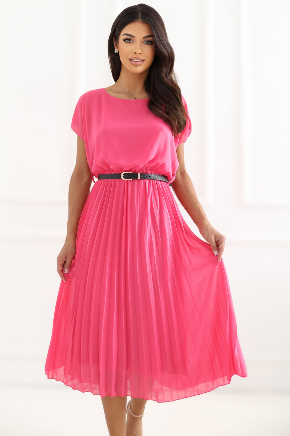Rue Paris Dark Pink Midi Pleated Short Sleeve Dress