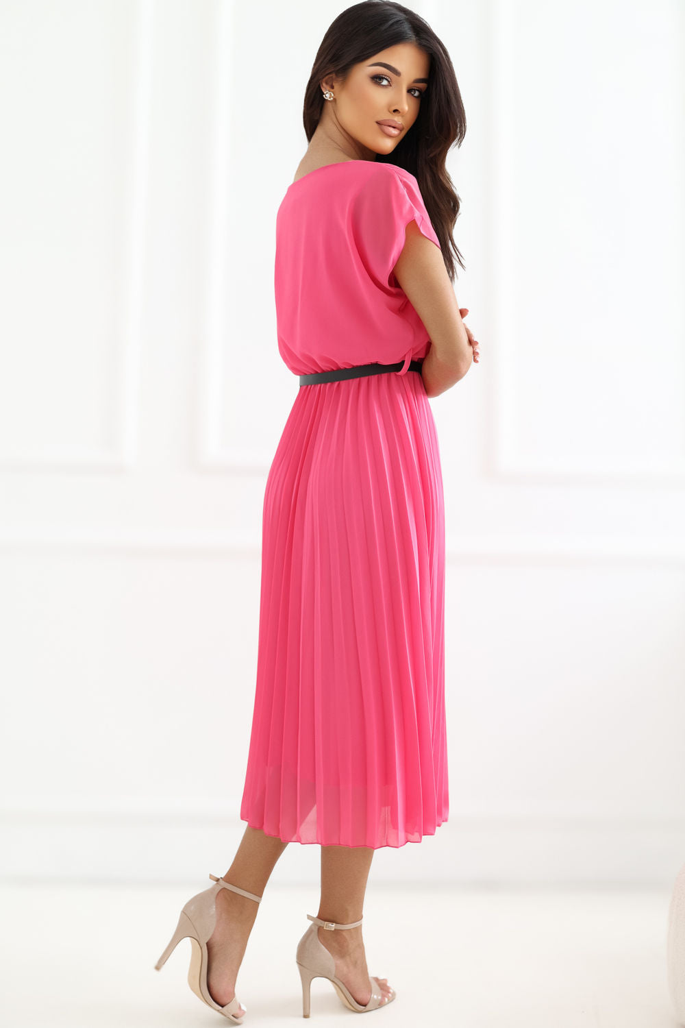 Rue Paris Dark Pink Midi Pleated Short Sleeve Dress - view 3