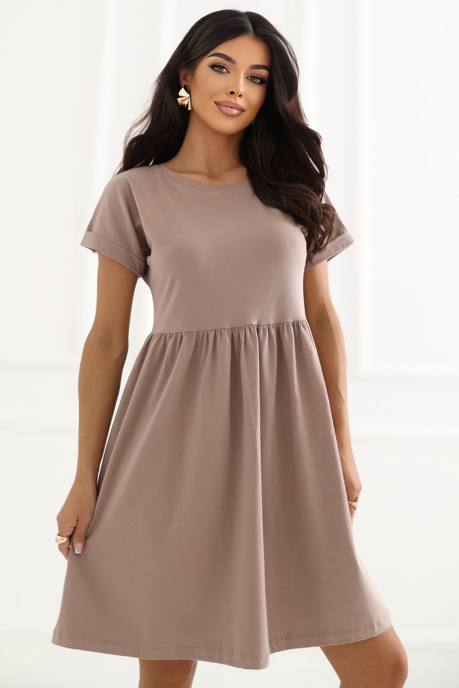 Rue Paris Dark Beige Flared Short Sleeve Dress