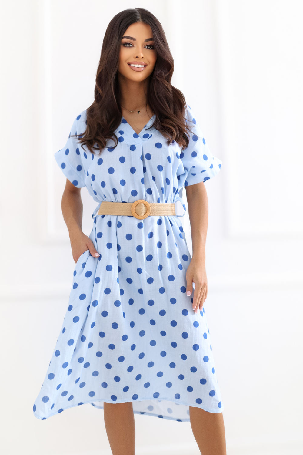 Italy Moda Light Blue Midi Polka Dot Dress