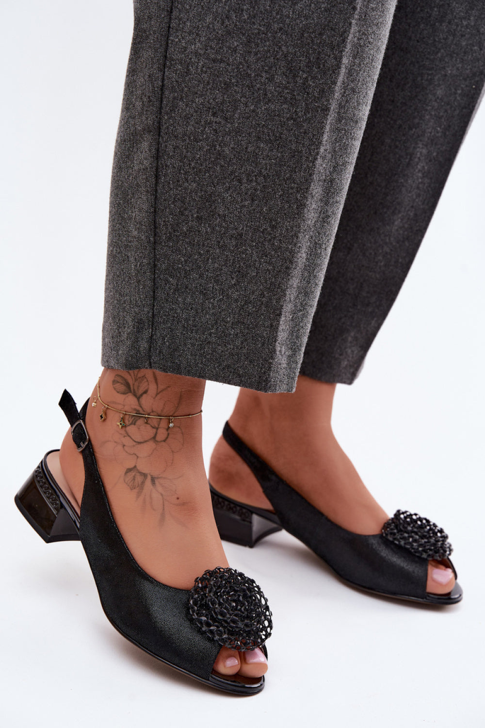 Step In Style Black Leather Block Heel Heeled Sandals