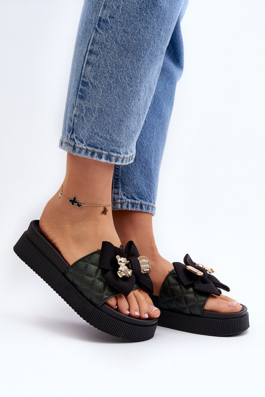 Step In Style Katterina Black Faux Leather Platform Sandals