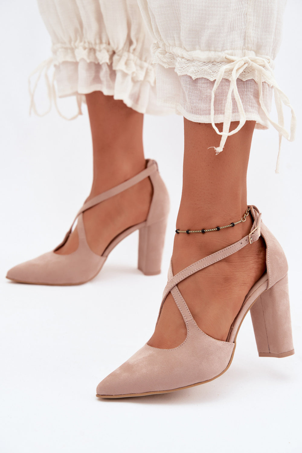 Step In Style Zazoo Beige Suede Block Heel Court Shoes