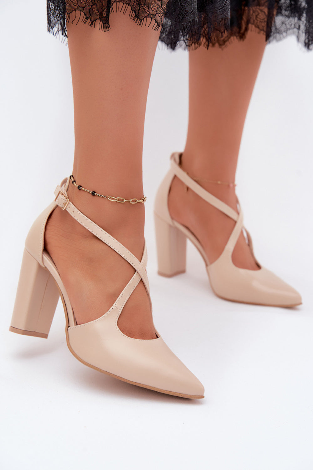 Step In Style Zazoo Beige Faux Leather Block Heel Court Shoes