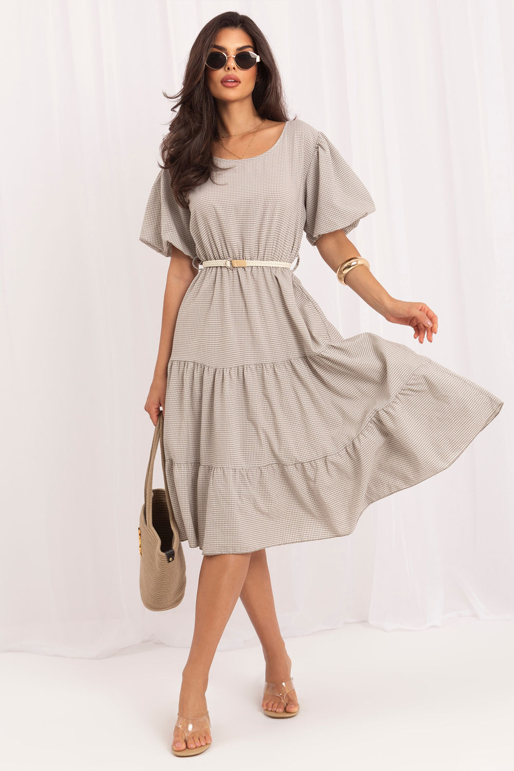 Italy Moda Beige Flared Puff Sleeve Dress