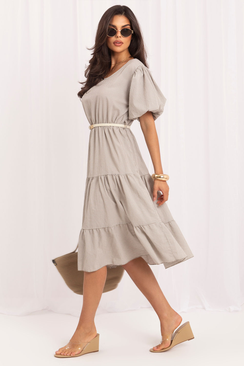 Italy Moda Beige Flared Puff Sleeve Dress - view 2