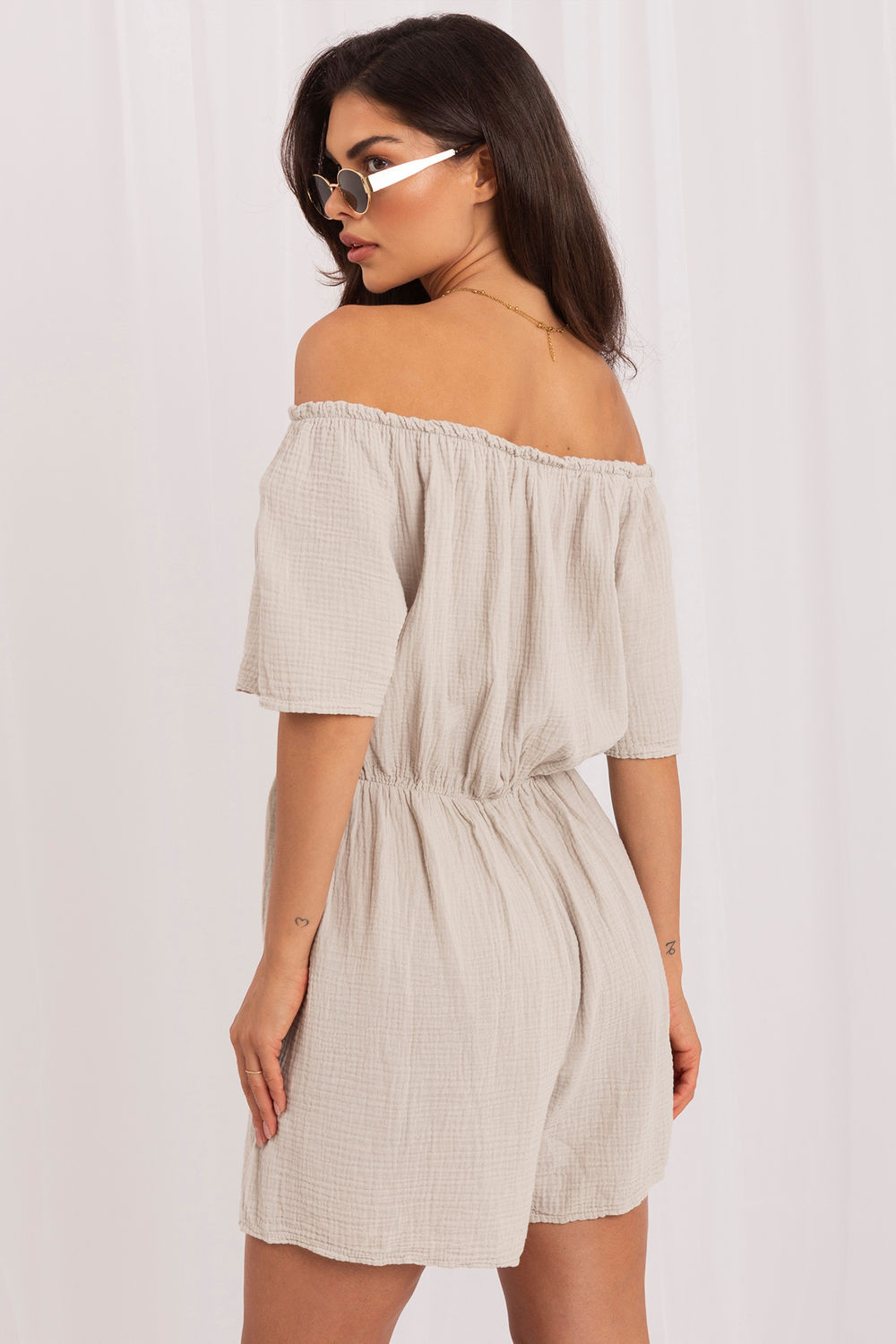 Italy Moda Beige Off Shoulder Short Sleeve Jumpsuit - view 2