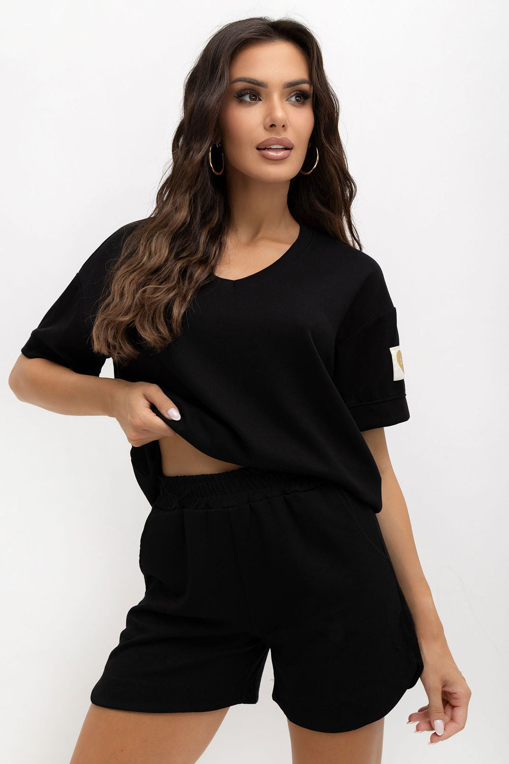 Italy Moda Black V-Neck Cotton Co-Ord Set