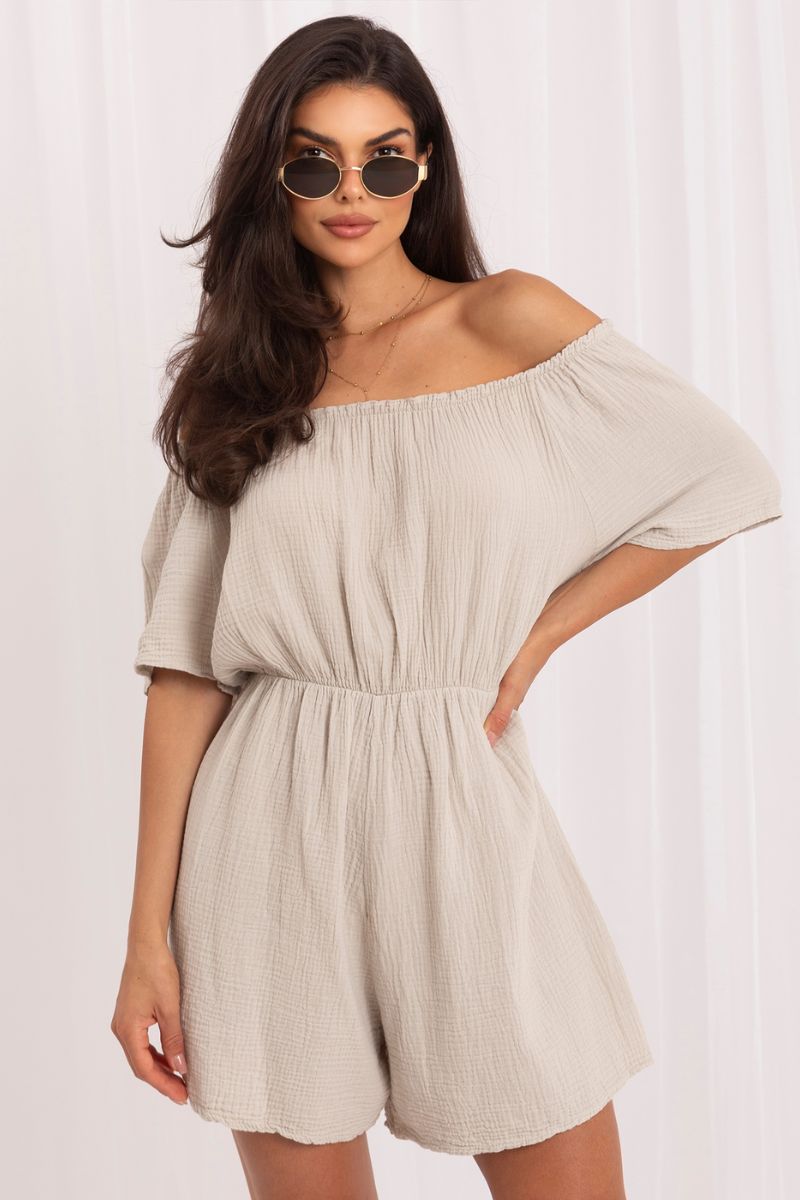 Italy Moda Beige Off Shoulder Short Sleeve Jumpsuit - view 3