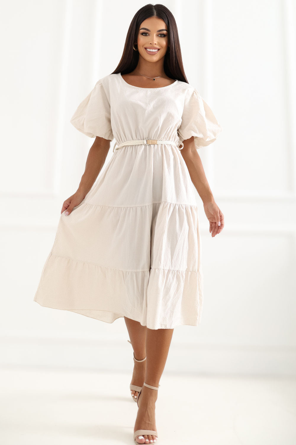 Italy Moda Light Beige Flared Puff Sleeve Dress