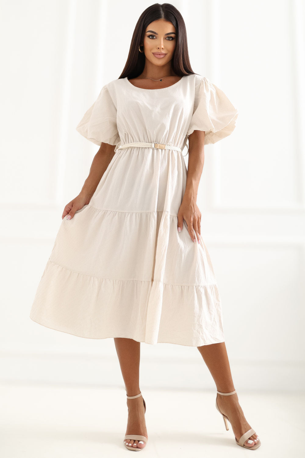 Italy Moda Light Beige Flared Puff Sleeve Dress - view 2