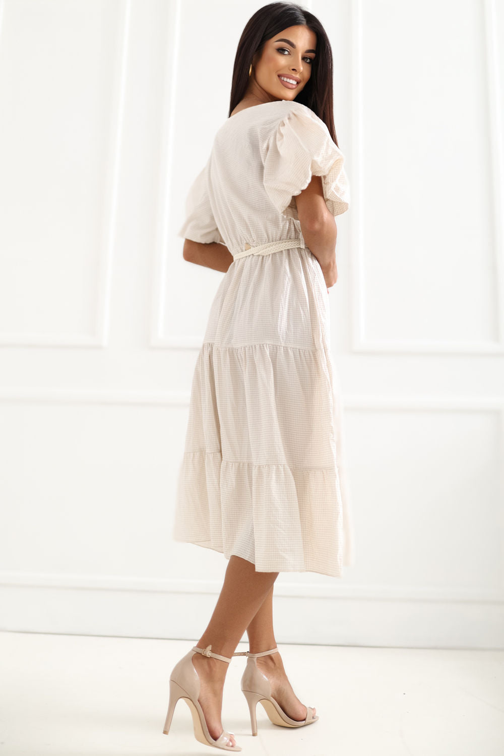Italy Moda Light Beige Flared Puff Sleeve Dress - view 3