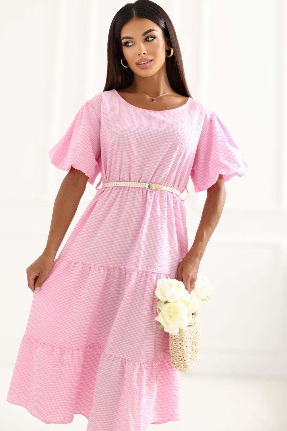 Italy Moda Pink Flared Puff Sleeve Dress