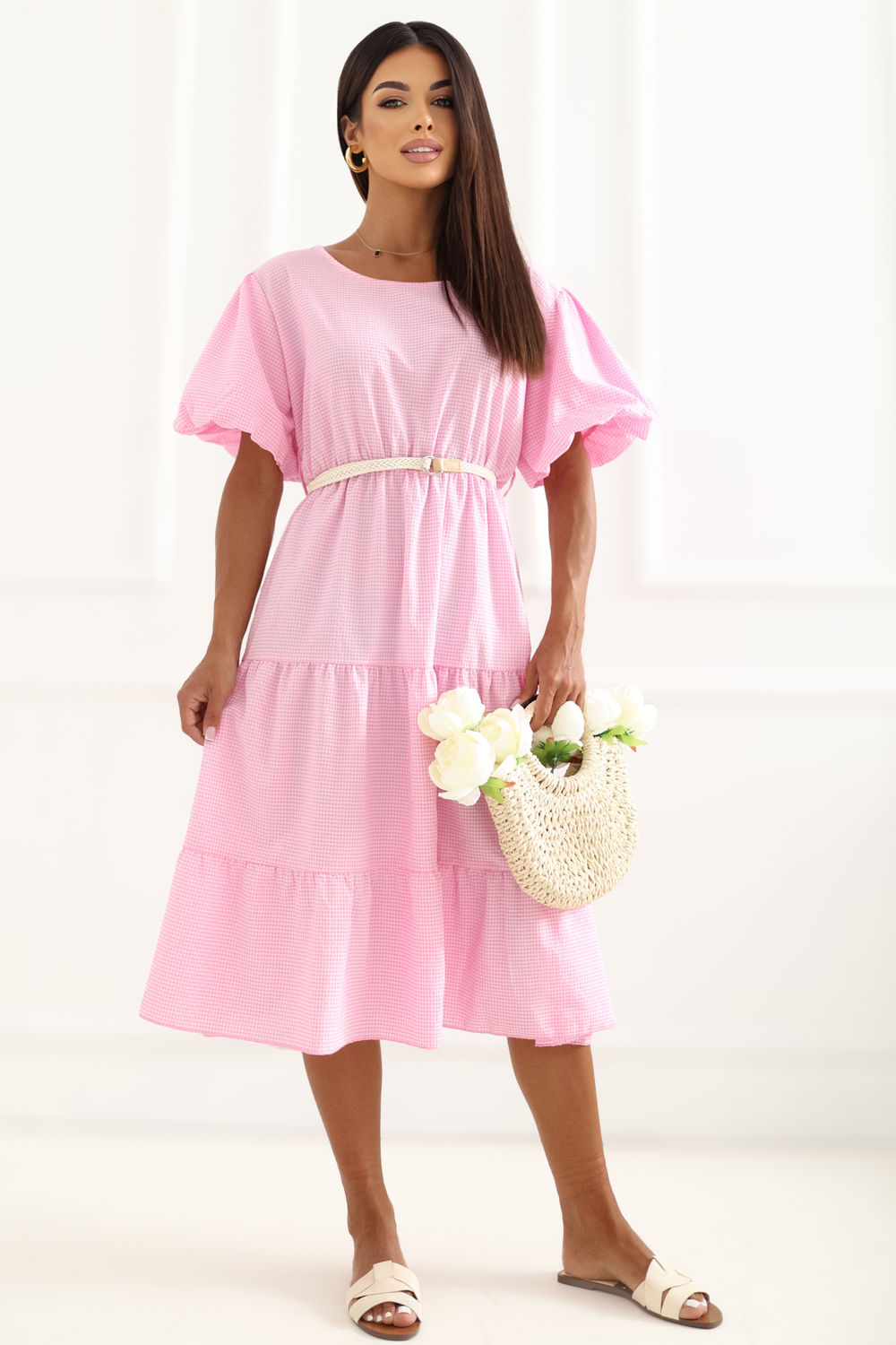 Italy Moda Pink Flared Puff Sleeve Dress - view 2