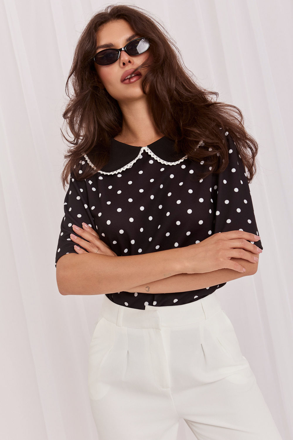 Italy Moda Black Lace Polka Dot Blouse