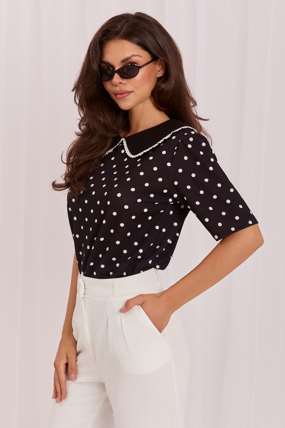 Italy Moda Black Lace Polka Dot Blouse - view 2