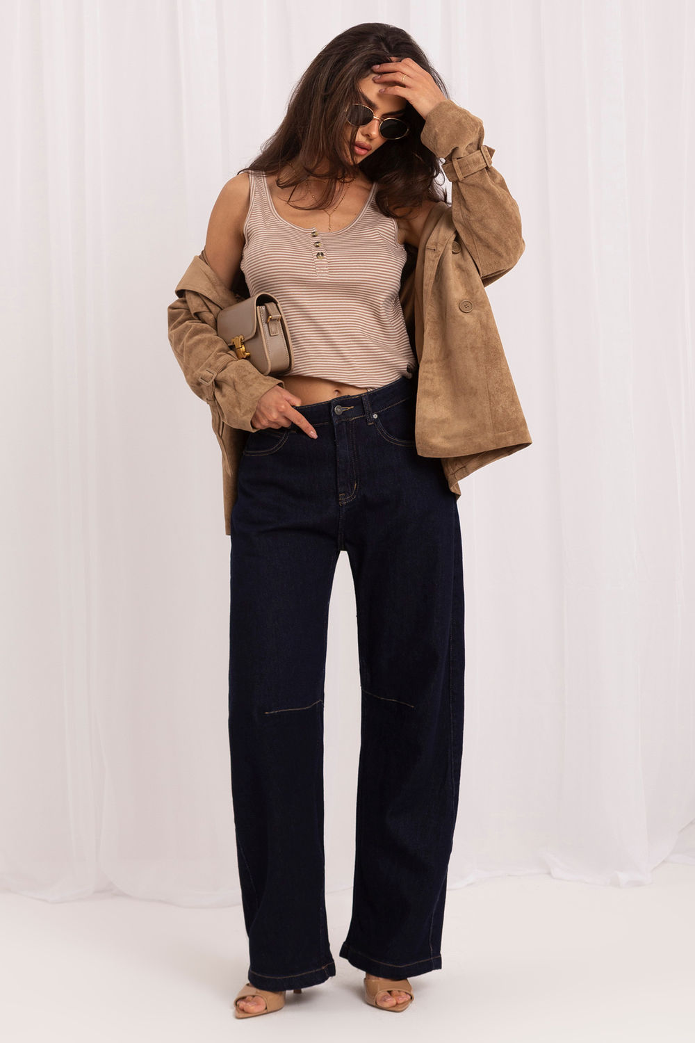 Italy Moda Navy Wide Leg High Waisted Cotton Jeans