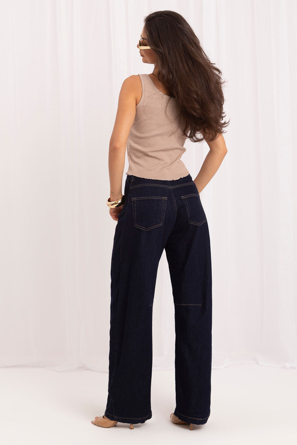 Italy Moda Navy Wide Leg High Waisted Cotton Jeans - view 3