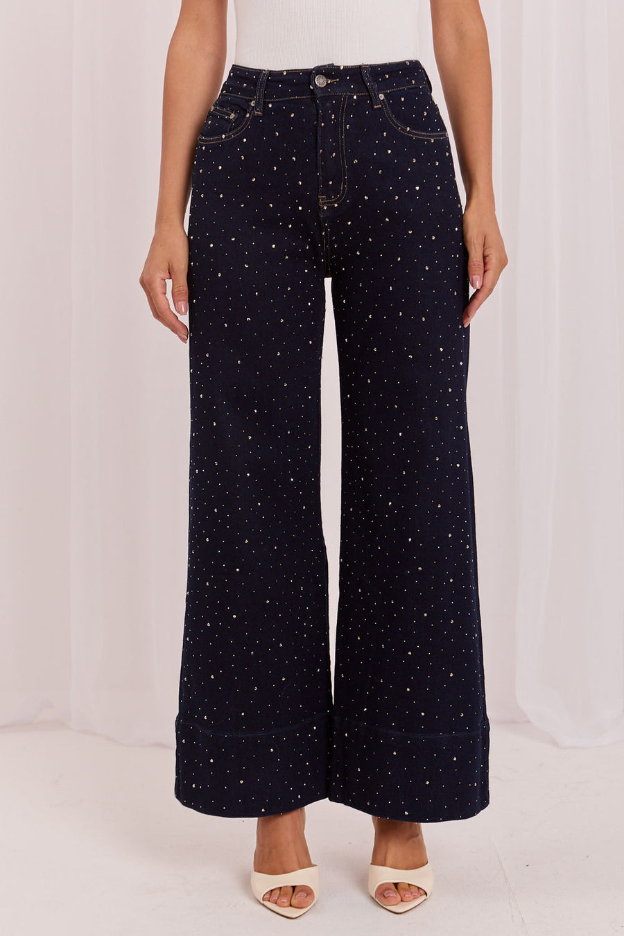 Italy Moda Navy Wide Leg High Waisted Jeans
