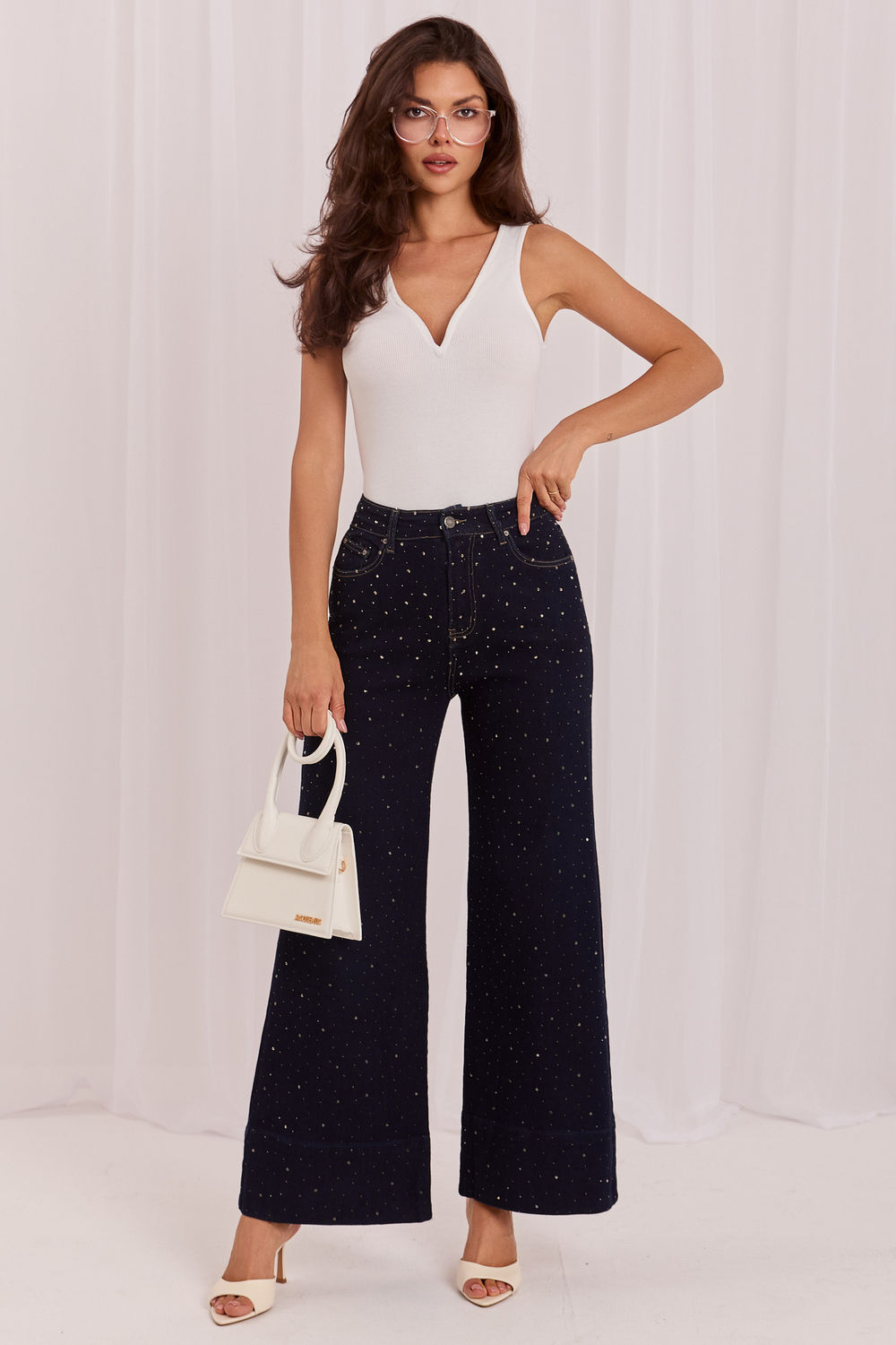 Italy Moda Navy Wide Leg High Waisted Jeans - view 2
