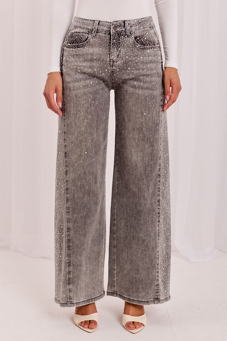 Italy Moda Grey Wide Leg High Waisted Jeans