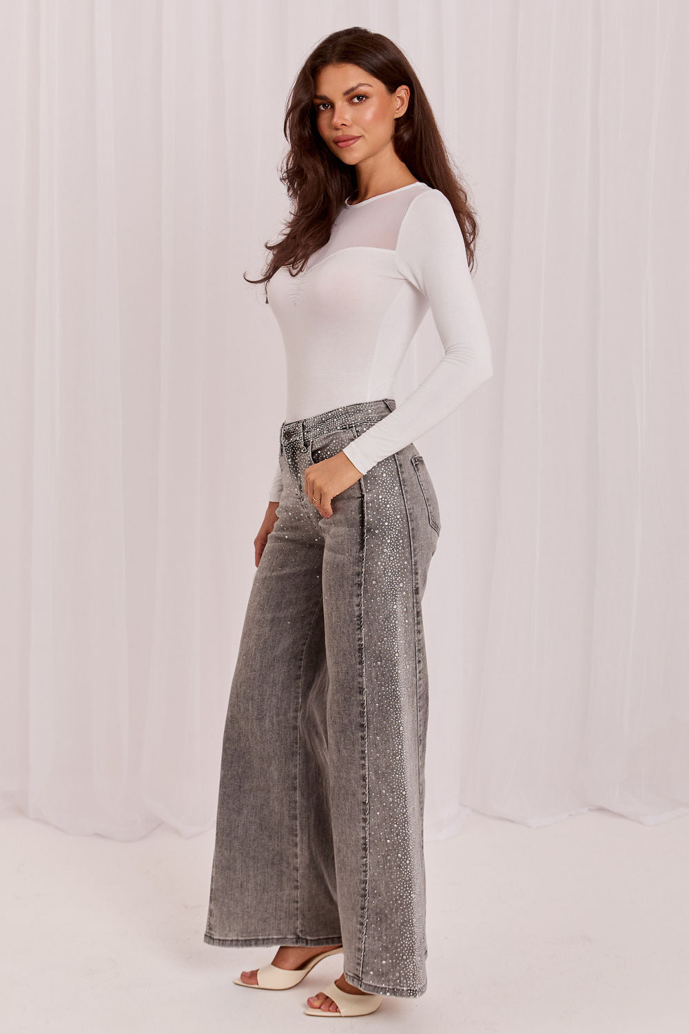 Italy Moda Grey Wide Leg High Waisted Jeans - view 3