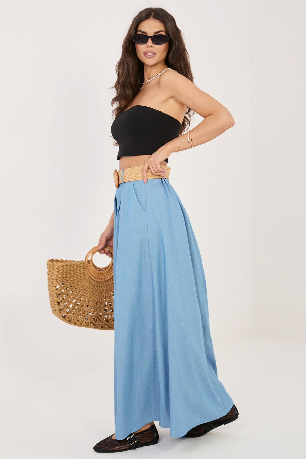 Italy Moda Light Blue Cotton Maxi Skirt - view 2
