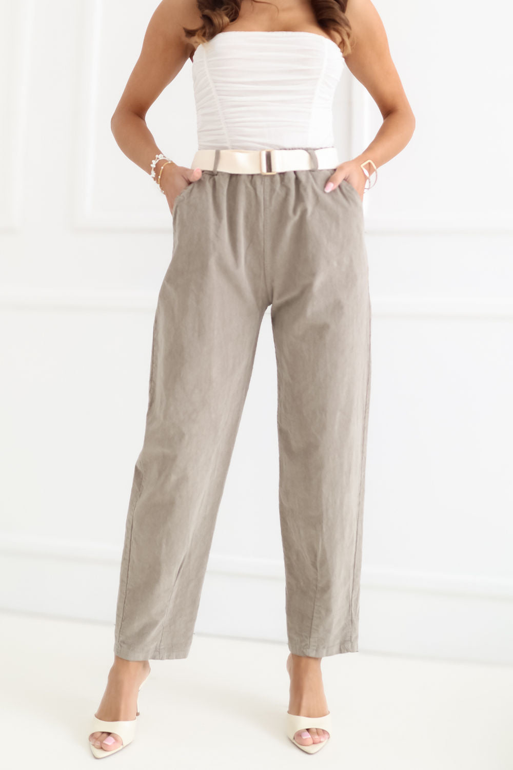 Italy Moda Dark Beige High Waisted Cotton Corduroy Trousers